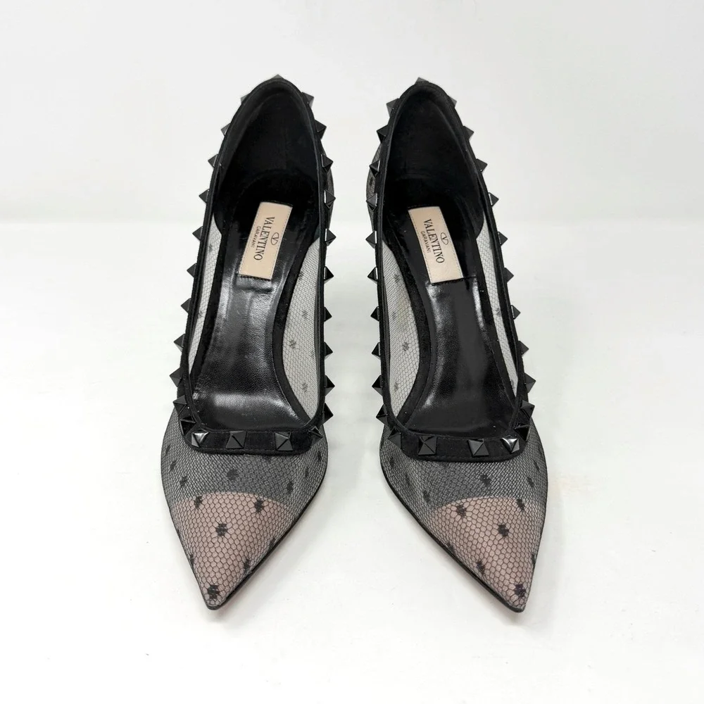 Valentino Rockstud Mesh Pumps Black Suede‎ Pointed Toe Heels 39